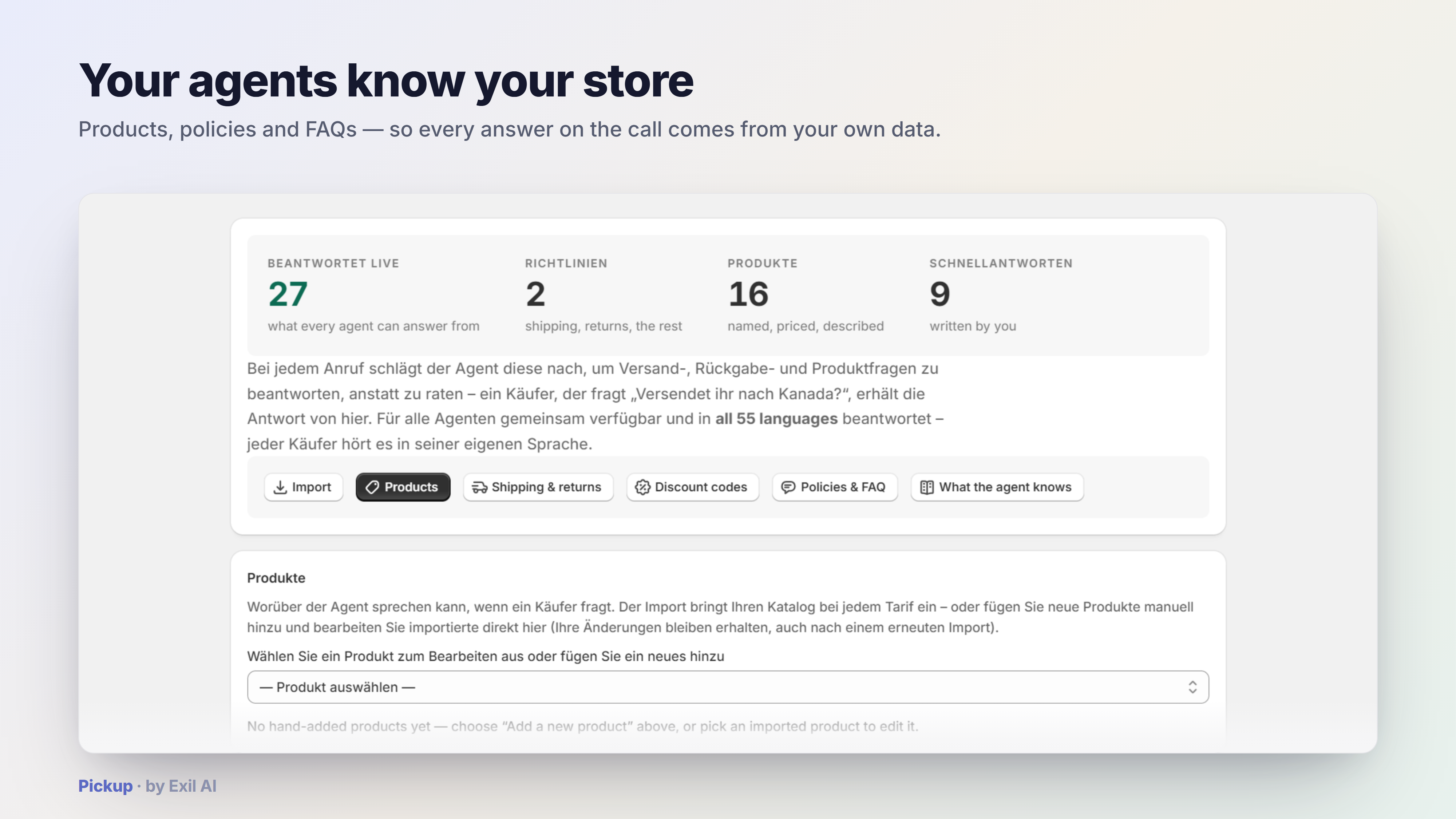 Pickup knowledge base — products, policies and FAQs