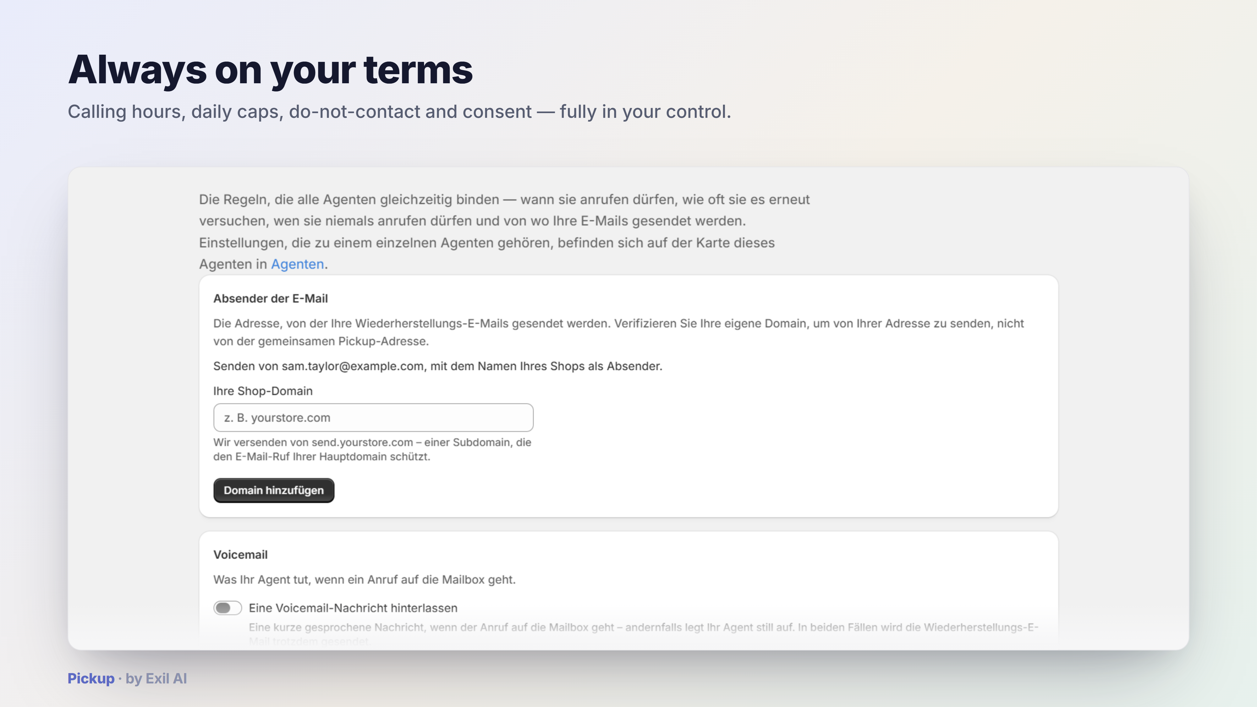Pickup settings — calling hours, voicemail, discounts and do-not-contact