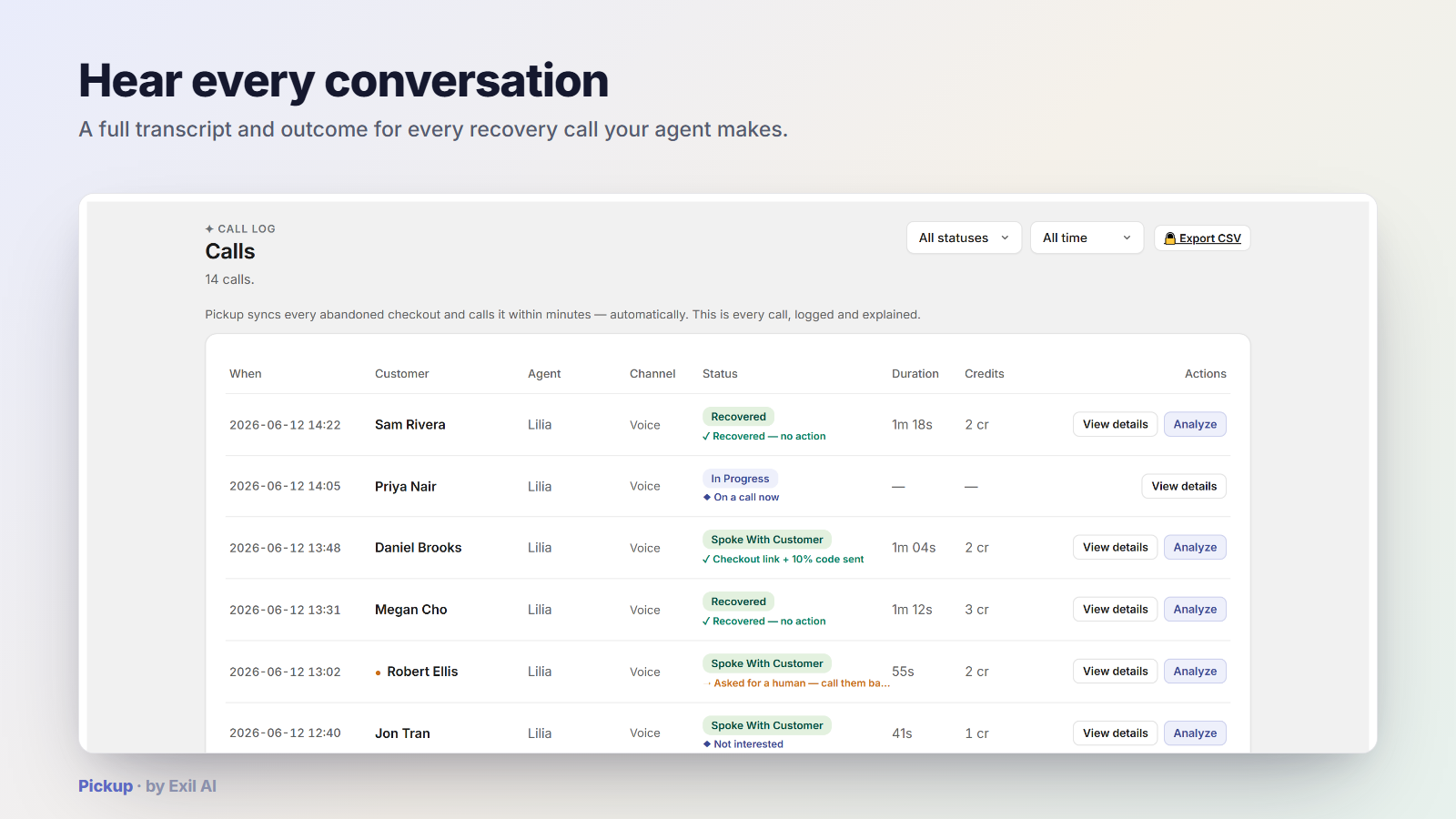 Pickup call log — a transcript and outcome for every recovery call