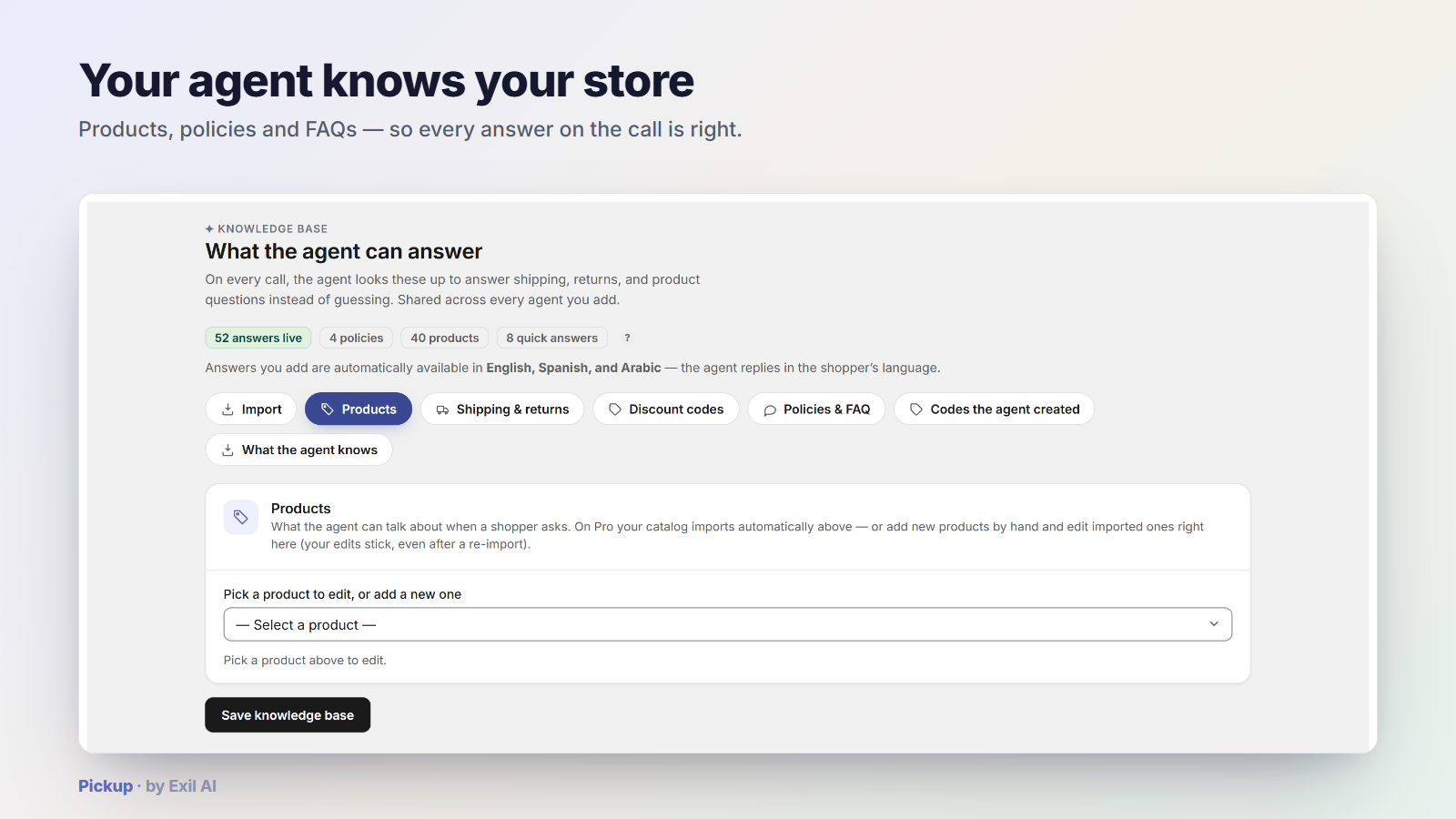 Pickup knowledge base — products, policies and FAQs
